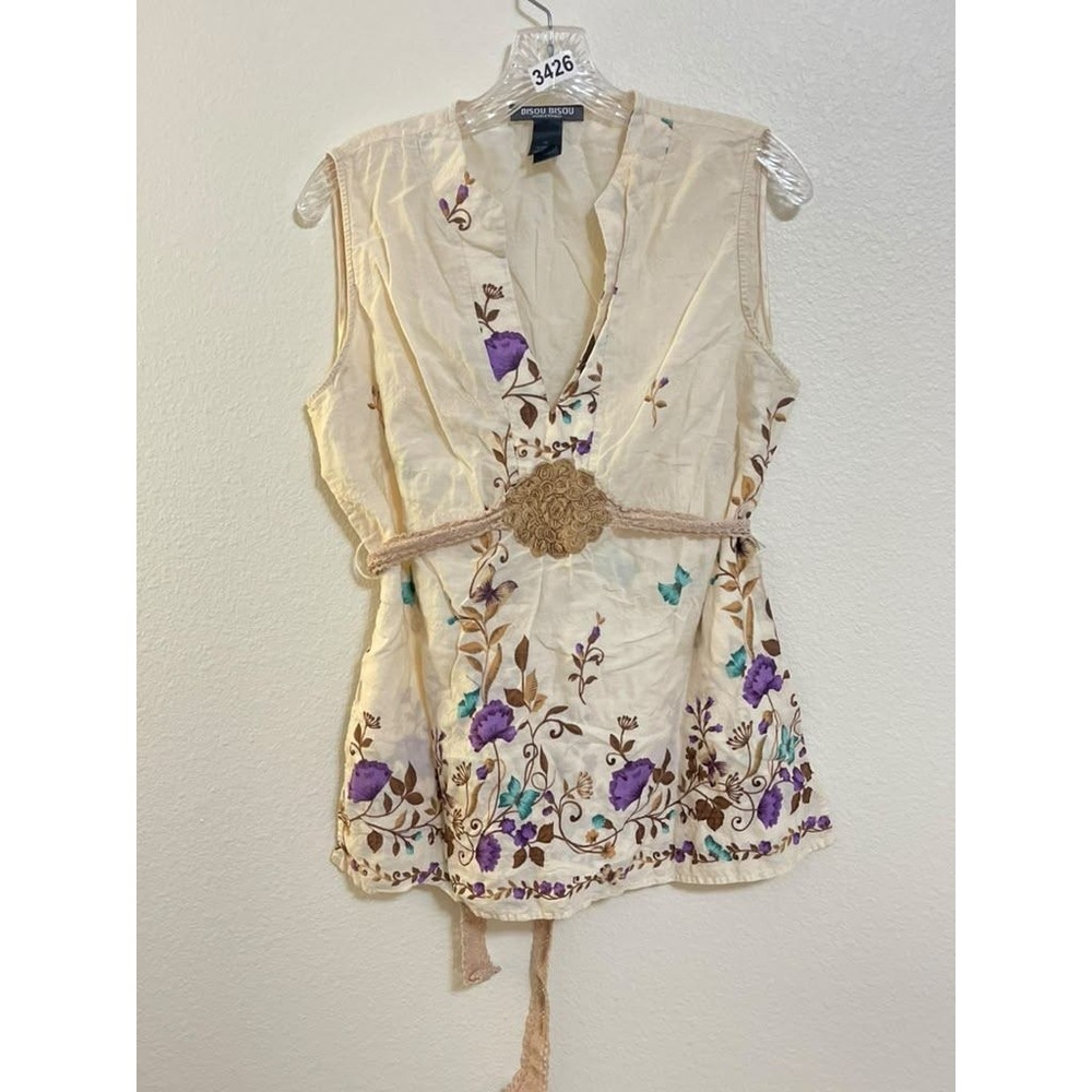 Bisou Bisou Michele Bohbot Floral Butterfly Cotton Boho Blouse Cream Purple 12